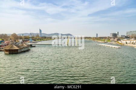 Danube river with view of Millenium tower and Hills in Vienna Austria, April.11,2018 Stock Photo