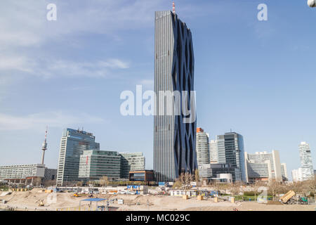 Danube City Tower Tech gate Donauturm and International center, construction works on the river embankment, Vienna Austria April.11,2018 Stock Photo