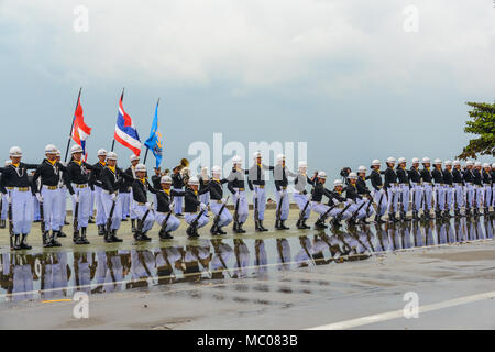 Pattaya, Thailand - November 19, 2017: Thai navy demonstrating Fancy Drill on the 50th anniversary ASEAN International Fleet Review 2017 at the beach  Stock Photo