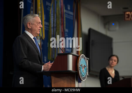 Secretary of Defense James N. Mattis announces the National Defense Strategy at Johns Hopkins University School of Advanced International Studies in Washington, Jan. 19. (DoD photo by Navy Mass Communication Specialist 1st Class Kathryn E. Holm) Stock Photo