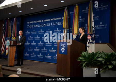 Secretary of Defense James N. Mattis announces the National Defense Strategy at Johns Hopkins University School of Advanced International Studies in Washington, Jan. 19. (DoD photo by Navy Mass Communication Specialist 1st Class Kathryn E. Holm) Stock Photo