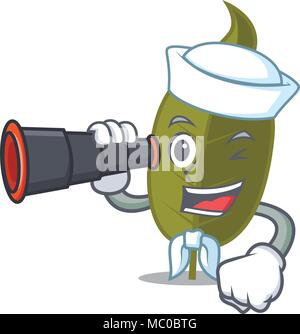 Sailor with binocular bay leaf mascot cartoon Stock Vector