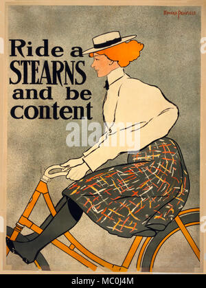 Poster advertising Stearns bicycles, showing a woman cyclist, circa 1896 Stock Photo