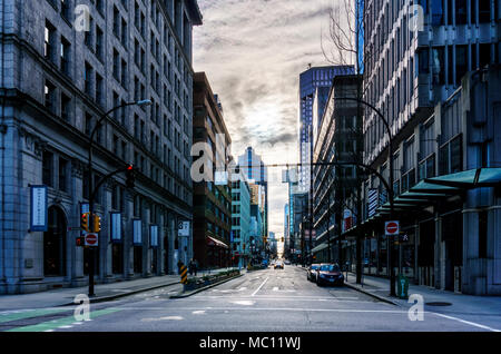 VANCOUVER, CANADA - February 18, 2018: View from West West Hastings Streets in downtown Vancouver. Stock Photo