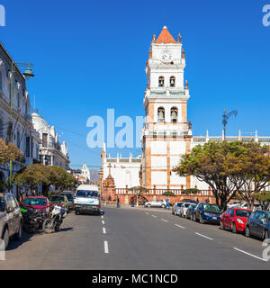 SUCRE, BOLIVIA - MAY 22, 2015: Sucre Cathedral (The Metropolitan Cathedral of Sucre) is located on Plaza 25 de Mayo square in Sucre, Bolivia. Stock Photo