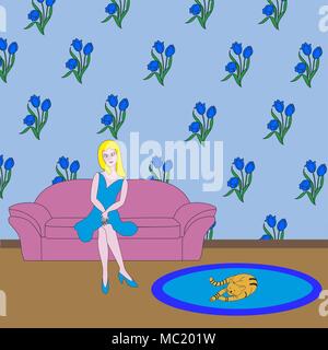 A beautiful dreaming girl sits in a room on a soft couch in the company of a sleeping cat. Stock Vector