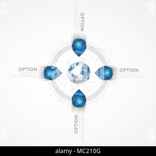 abstract infographic template with blue crystals around circle and world globe Stock Vector