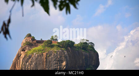 Horizontal panoramic view of tourists on Sigiriya or Lion's Rock in Sri Lanka. Stock Photo