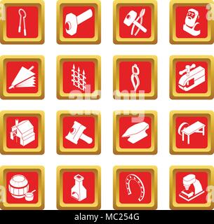 Blacksmith tools icons set red square vector Stock Vector