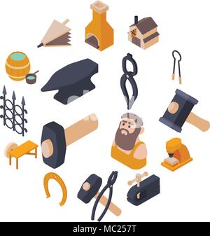 Blacksmith tools icons set, isometric style Stock Vector