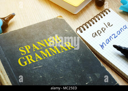 Learn Spanish grammar concept. Book and notebook on a desk. Stock Photo