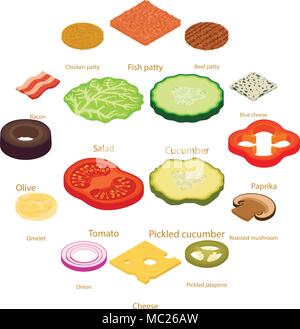 Slice food icons set, isometric style Stock Vector