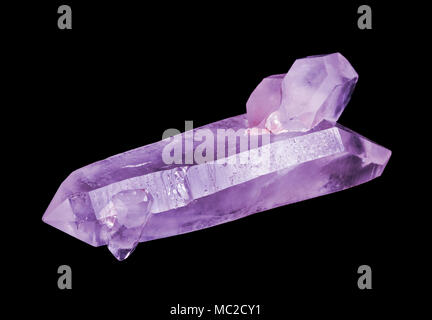 Large transparent two-headed crystal of amethyst, isolated on a black background Stock Photo