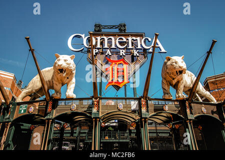 Exterior of Comerica Park home to the Detroit Tigers. The ballpark has a capacity of over 41,000 and replaced Tiger Stadium in the year 2000 Stock Photo