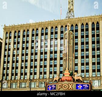 Exterior of the historic Fox Theater in downtown Detroit. The Fox opened in 1928 and continues to operate today, featuring Broadway plays and musicals Stock Photo