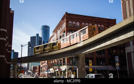 Panorama of the downtown district of Detroit with the Renaissance Center and the People Mover monorail. Detroit is the largest city in the state. Stock Photo
