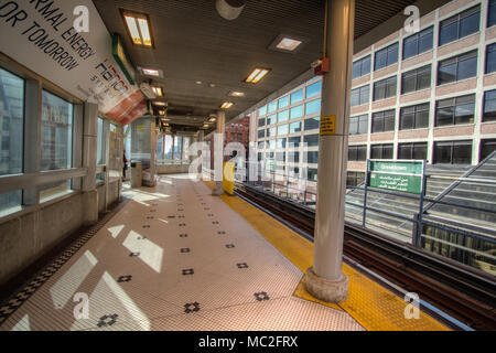 Interior of an empty People Mover monorail transportation system at the Greektown Station in downtown Detroit, Michigan, USA. Stock Photo