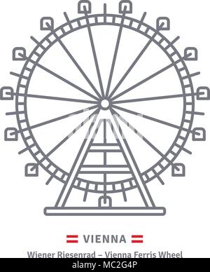 Austria line icon. Prater ferris wheel at Vienna and Austrian flag vector illustration. Stock Vector