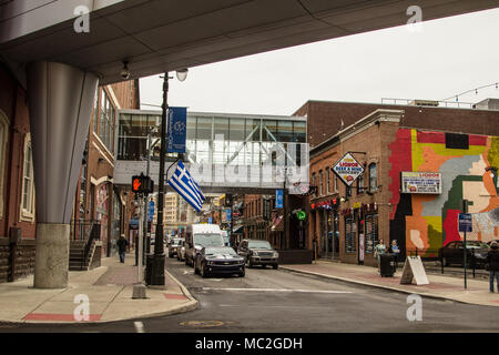 The Historic Greektown District in downtown Detroit. The district features a multitude of Greek restaurants and shops. Stock Photo