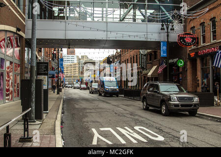 The Historic Greektown District in downtown Detroit. The district features a multitude of Greek restaurants and shops. Stock Photo