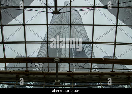 Detroit, Michigan, USA - March 28, 2018: The Renaissance Center Towers as viewed from inside the glass atrium. The towers are the world headquarters f Stock Photo