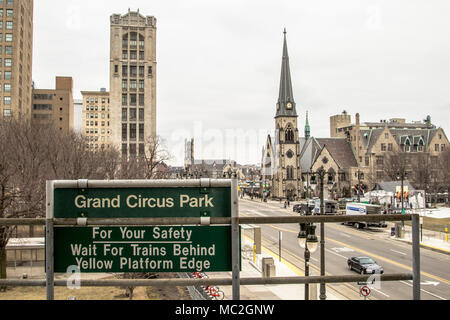 Detroit, Michigan, USA - March 28, 2018: The skyline and city streets of the historic Grand Circus Park neighborhood of downtown Detroit, Michigan. Stock Photo