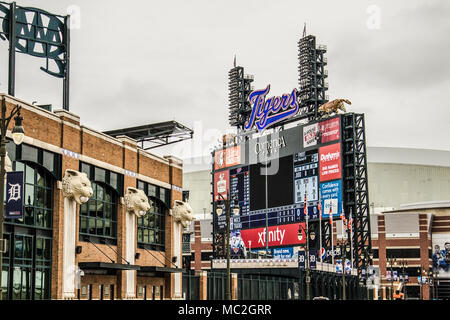 Exterior and scoreboard of Comerica Park home to the Detroit Tigers. The ballpark has a capacity of over 41,000 and replaces Tiger Stadium in 2000. Stock Photo