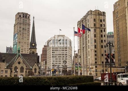 Detroit, Michigan, USA - March 28, 2018: The skyline and city streets of the historic Grand Circus Park neighborhood of downtown Detroit, Michigan. Stock Photo