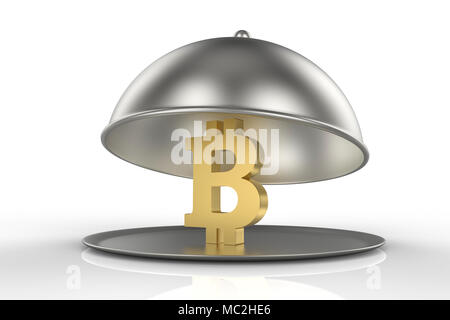 Restaurant Cloche with golden sign of Bitcoin. 3D illustration Stock Photo