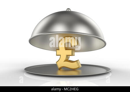 Restaurant Cloche with golden sign of pound. 3D illustration Stock Photo