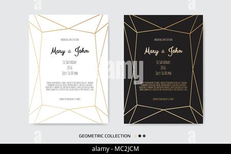 Wedding Invitation, invite card design with Geometrical art lines, gold foil border, frame. Vector modern geometric abstract template layout. Stock Vector