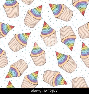Vector seamless pattern with cupcakes and muffins with rainbow cream topping. Hand drawn sweet bakery on  the dotted background. Stock Vector