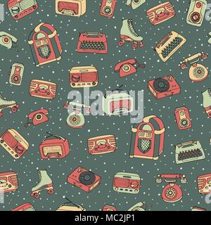 Vector retro seamless pattern with antique electronics, scooter, juke box, radio, typewriter, roller skates and vinyl record player on the dotted back Stock Vector