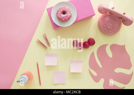 Copy space on pink background and leaf, doughnut and phone on yellow background Stock Photo