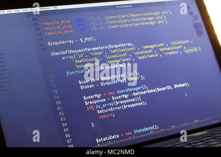 PHP back-end code. Computer programming source code. Abstract screen of web developer. Digital technology modern background. Code is created by mysel Stock Photo