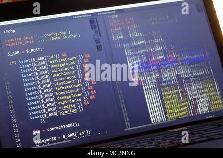 PHP back-end code. Computer programming source code. Abstract screen of web developer. Digital technology modern background. Code is created by mysel Stock Photo