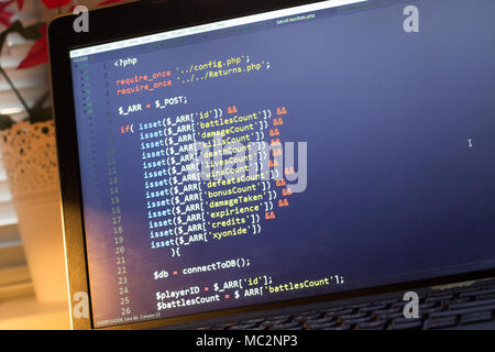 PHP back-end code. Computer programming source code. Abstract screen of web developer. Digital technology modern background. Code is created by mysel Stock Photo