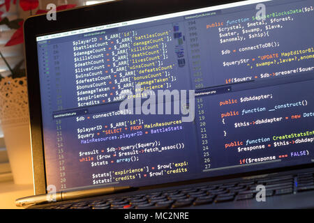 PHP back-end code. Computer programming source code. Abstract screen of web developer. Digital technology modern background. Code is created by mysel Stock Photo