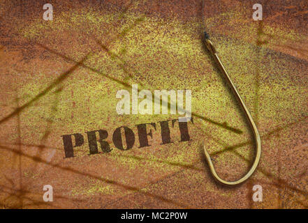 Word Profit written on a yellow grunge background and a fishing hook Stock Photo