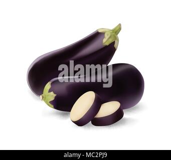 Eggplant and slice isolated on white photo-realistic vector illustration Stock Vector