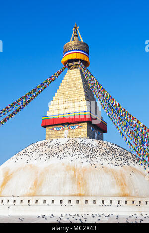 Boudhanath (also called Boudha, Bouddhanath or Baudhanath) is a buddhist stupa in Kathmandu, Nepal Stock Photo