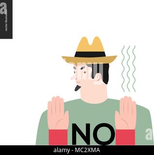 Refusing man. Flat vector cartoon illustration of a man wearing a yellow hat, t-shirt with a sign NO and beard, refusing of something, showing two pal Stock Vector