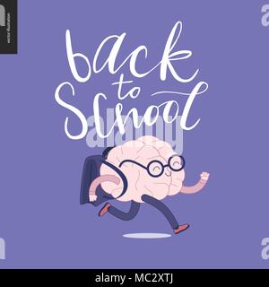 Back to school lettering. Flat cartoon vector illustration - a brain wearing glasses running with a schoolbag. Stock Vector