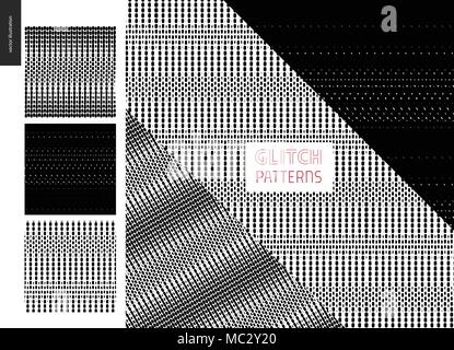 Glitch patterns set. Three geometrical glitch seamless patterns with few examples of usage. Stock Vector