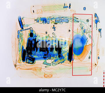 X-ray screenshot of an backpack filled with tele zoom camera and camcorder. Stock Photo