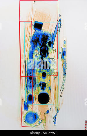 X-ray screenshot of an backpack filled with tele zoom camera and camcorder. Stock Photo