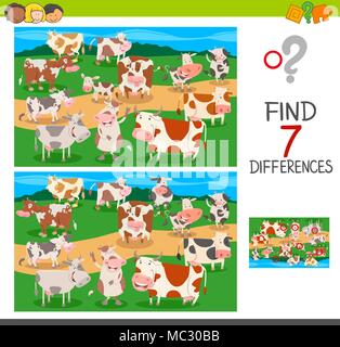 Cartoon Illustration of Finding Seven Differences Between Pictures Educational Activity Game for Children with Farm Cows Animal Characters Group Stock Vector