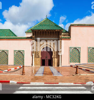 The Mausoleum of Moulay Ismail in Meknes in Morocco. Mausoleum of Moulay Ismail is a tomb and mosque located in the Morocco city of Meknes. Stock Photo