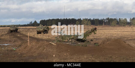 U.S. Soldiers from Kronos Troop, 3rd Squadron, 2nd Cavalry Regiment, drive their Strykers to their battle positions while a Polish tank from the 1st Battalion, 15th Mechanized Brigade, provides support as they participate in a NATO live fire exercise coordinated by the Polish 1-15 Mech. BN at a range near the Bemowo Piskie Training Area, Poland, Jan. 30, 2018. The unique, multinational battle group, comprised of U.S., U.K., Croatian and Romanian soldiers serve with the Polish 15th Mechanized Brigade as a deterrence force in northeast Poland in support of NATO’s Enhanced Forward Presence. (U.S. Stock Photo