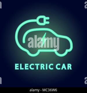 Vector electric car Icon. Logo element illustration in neon light style Stock Vector